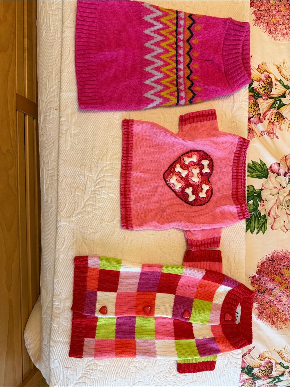 3 Pink Patchwork & Heart Knit Dog Sweaters - Pink